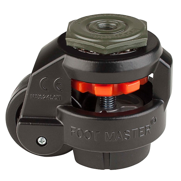 Leveling Caster, 50 mm Nylon Wheel, 1/2-13 Stem, Swivel, 280 kg Cap, NBR Foot Pad, Black